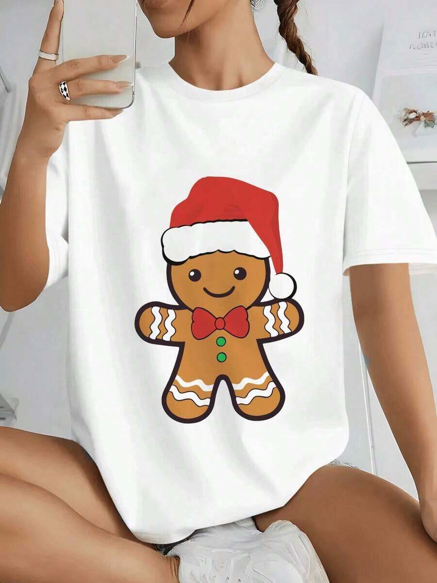 Lindo Hombre de Jengibre con Gorro Festivo de Santa Claus y Lazo, Simbolizando la Alegría Navideña, Camiseta de Mujer 100% Algodón - Blanco - Ver 1