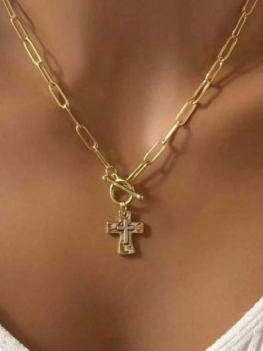 1 pezzo Collana con pendente a croce bicolore, collana a croce in metallo misto martellato da donna, collana a croce spessa, catena a fermaglio a T, collana con pendente elegante, gioiello religioso minimalista di moda da donna, regalo - Croce martellata - Visualizzare 1