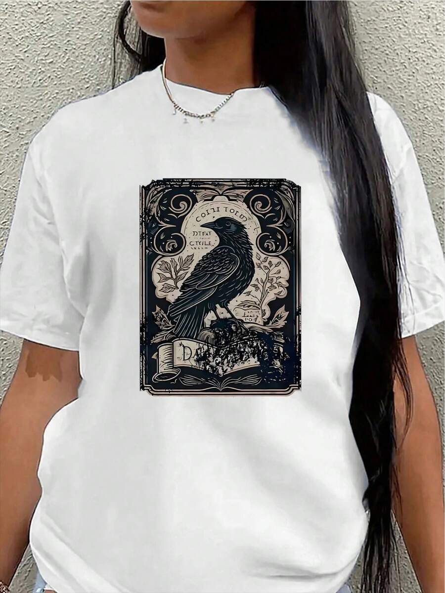 Polyester Short-Sleeved T-Shirt, Decorated With An Artistic Crow Design, Lightweight And Durable, Suitable For Casual Wear At Home Or In A Cafe, Comfortable And Fitted For Everyday Wear. Women's Blouses > Clothing - 白色 - 查看 1
