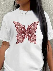 Polyester Short-Sleeved T-Shirt, Adorned With A Pink Rhinestone Butterfly Pattern, Lightweight And Durable, Suitable For Home, Cafes, Or Casual Outdoor Wear; A Stylish And Comfortable Everyday Garment. Women's Blouses > Clothing - 白色 - 查看 7