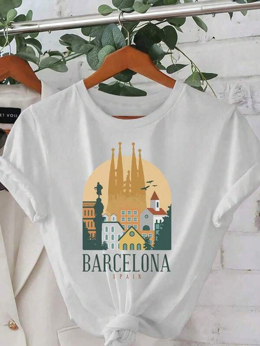 Women's Short Sleeve T-Shirt With Round Neck Print Of Barcelona Cityscape And Skyline, Spain, In Artistic Style, Sizes-3XL, Fashionable, Comfortable And Breathable, Machine Washable - 白色 - 查看 1