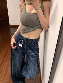 Women's High-Waisted Baggy Jeans, Tie-Dye Gradient Effect, Contrasting Stitching, Wide Palazzo Silhouette, Dark Washed Denim, Casual Streetwear Style Ideal For Urban Looks And Autumn/Winter. - 牛仔藍 - 查看 8