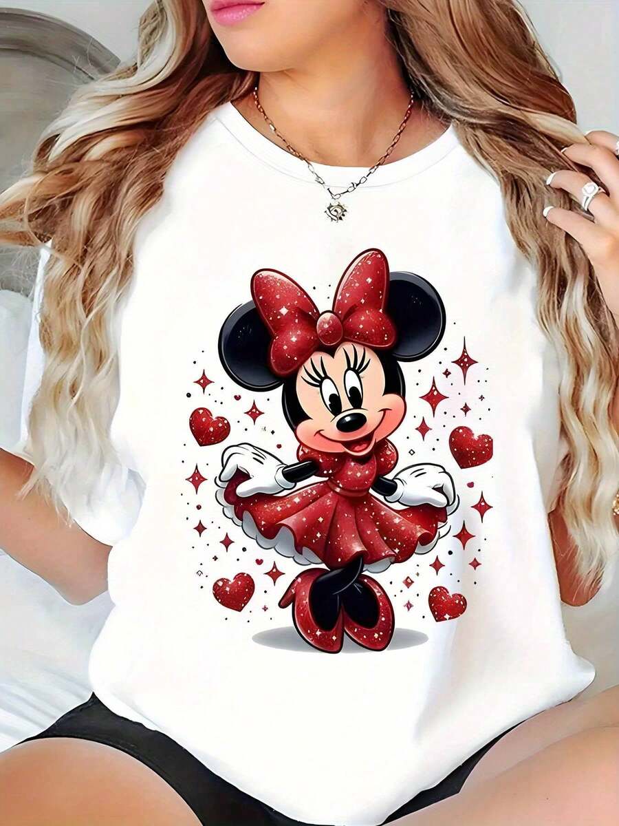 2026Camiseta de Mujer Talla Grande con Estampado de Corazones de Mouse - Blanca, Manga Corta, Cuello Redondo, Diseño de Lunares Rojos y Corazones, Lavable a Máquina, Cómoda para el Día a Día, Ropa Casual Duradera2026 - Blanco - Ver 1