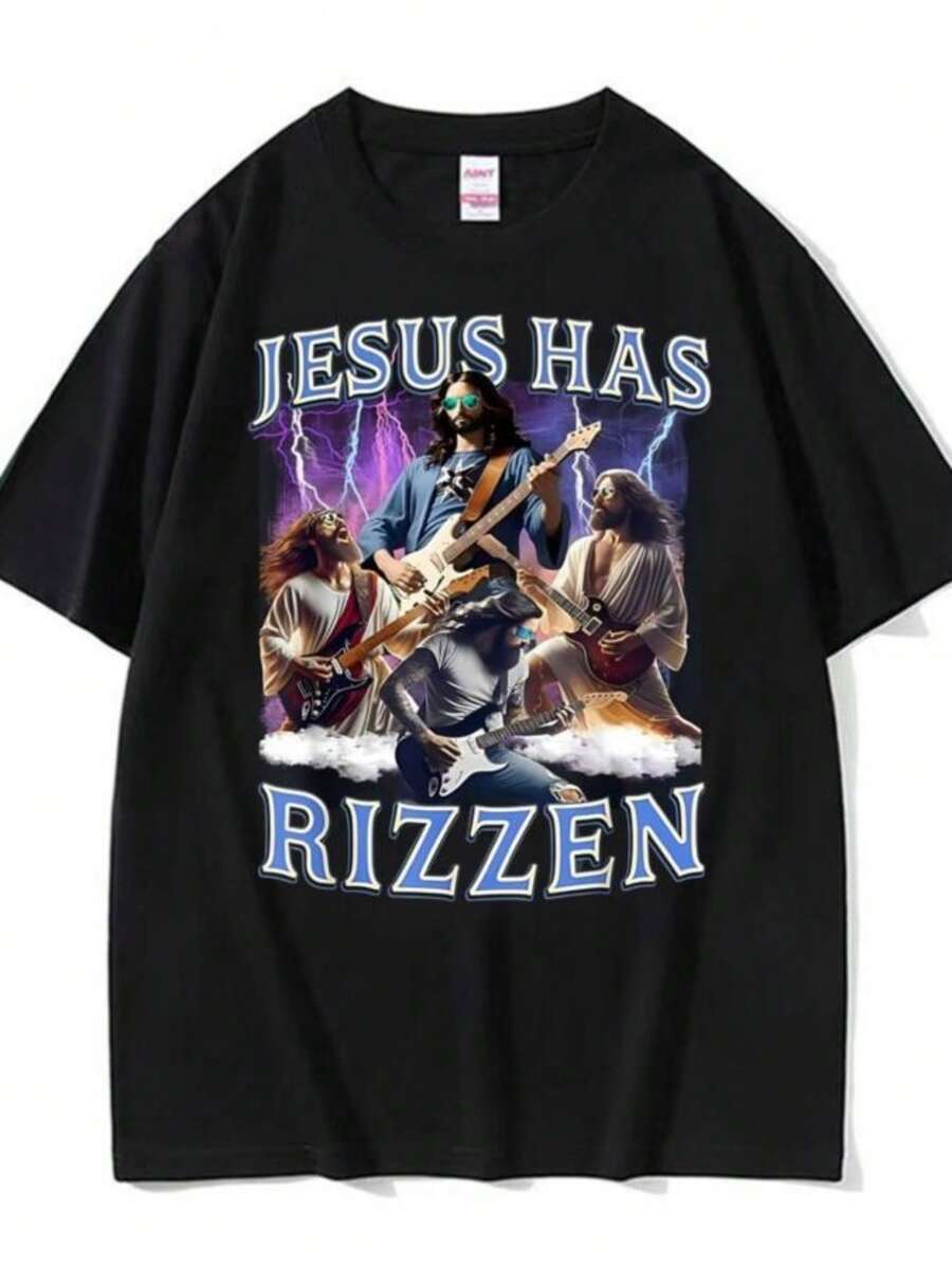 Women's Blouses Funny Jesus Has Rizzen Rock Star Tee Shirt Men's Clothing Fashion Gothic Cool T Shirt Unisex High Quality Cotton Casual T-Shirts - 黑色 - 查看 1