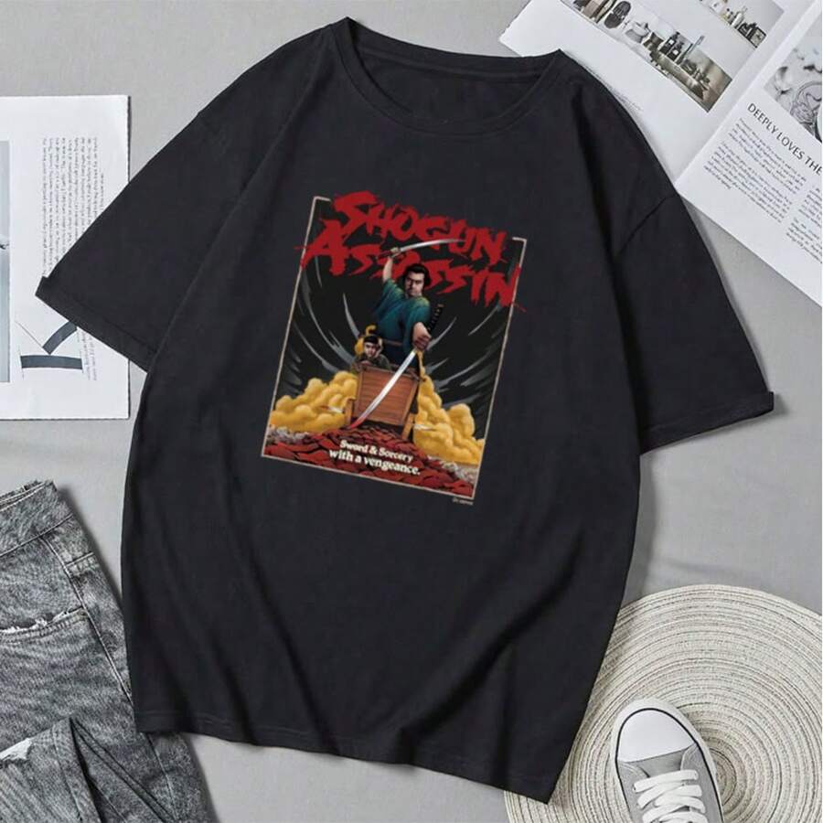 Unisex Shogun-Assassin T-Shirt With Anime And Cartoon Graphic Print, Short Sleeve, Casual Summer Style. - 黑色 - 查看 1