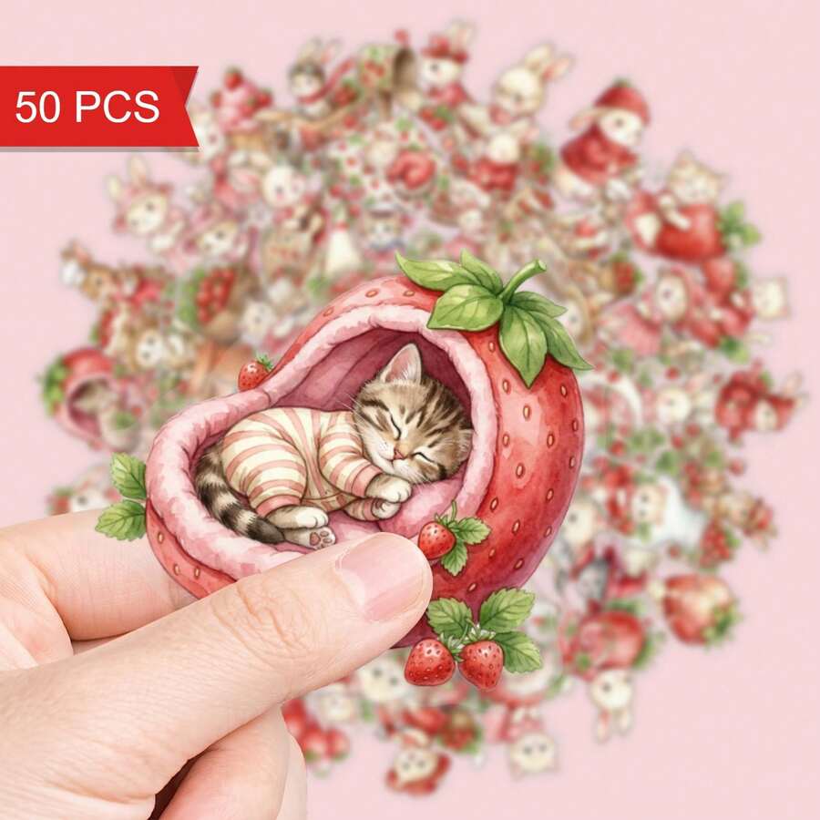 50張可愛草莓動物PET貼紙，透明防水貓咪與兔子貼紙，適合學生、青少年，可用於學校用品、筆記本、鉛筆盒、筆電、水壺與桌面裝飾 - A - 查看 1