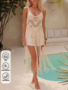 Bohemian V-Neck Tassel Sleeveless Cover Up, Suitable For Vacation And Beach - Apricot - View 3