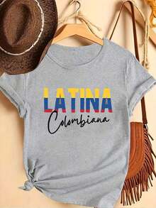 1 camiseta de manga corta con cuello redondo, estilo casual y a la moda, con estampado de letras estilo bandera colombiana, adecuada para uso diario, transpirable y cómoda. - Blanco - Ver 7
