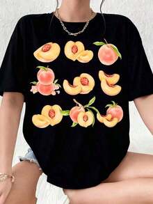 Women's Premium Black T-Shirt With Peach Print, Plus Size Casual Summer Top, Graphic T-Shirt With Adorable Peach Design, For Everyday Wear And  Ideas - 黑色 - 查看 7