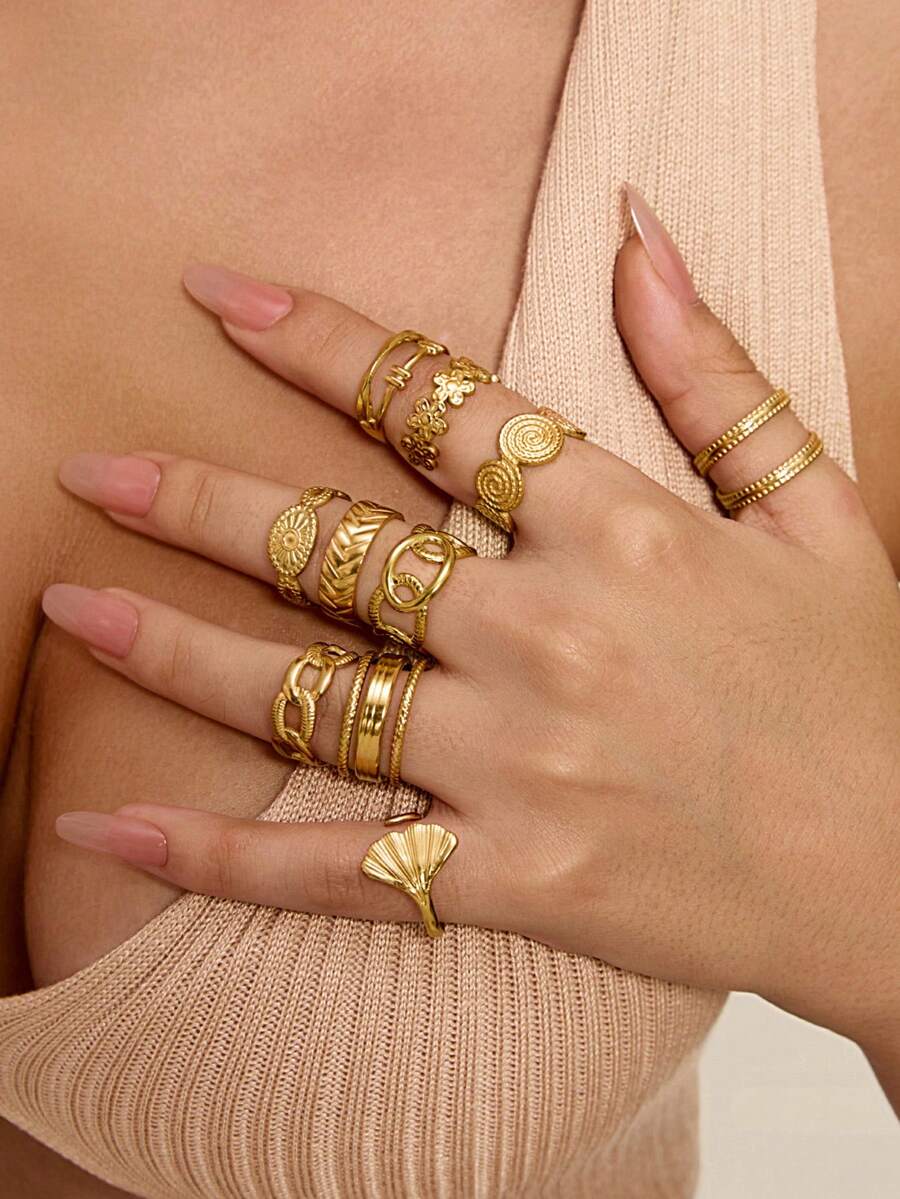 Altistry 10pcs Set Stainless Steel 18K Plating Exaggerated Hip-Hop Fashion Round Adjustable Rings - Gold - View 1