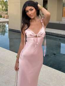 New Satin Maxi Dress, V-Neck With Drawstring, Sleeveless, Sensual Style - 粉色 - 查看 1