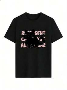 Funny Black Cat T-Shirt With Pink Text Background,  Short-Sleeve T-Shirt For Spring/Summer 2026, Made In Mexico, 180 Grams. Cartoon Print, Couple Design, Suitable For Indoor Or Outdoor Wear. Crew Neck, Unisex, Ideal For Office And Leisure. One-Pack. - BK-P631577SLNDXZGY640 - 查看 2
