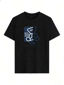 Blue And White Line Bear "Happy Bear" T-Shirt, Fashionable Short-Sleeved T-Shirt For Spring And Summer 2026, Made In Mexico, 180 Grams. Cartoon Print, Couple Design, Suitable For Indoor Or Outdoor Wear. Crew Neck, Unisex, Ideal For Office And Leisure. One-Pack. - BK-P631577SLNDXZGY648 - 查看 2