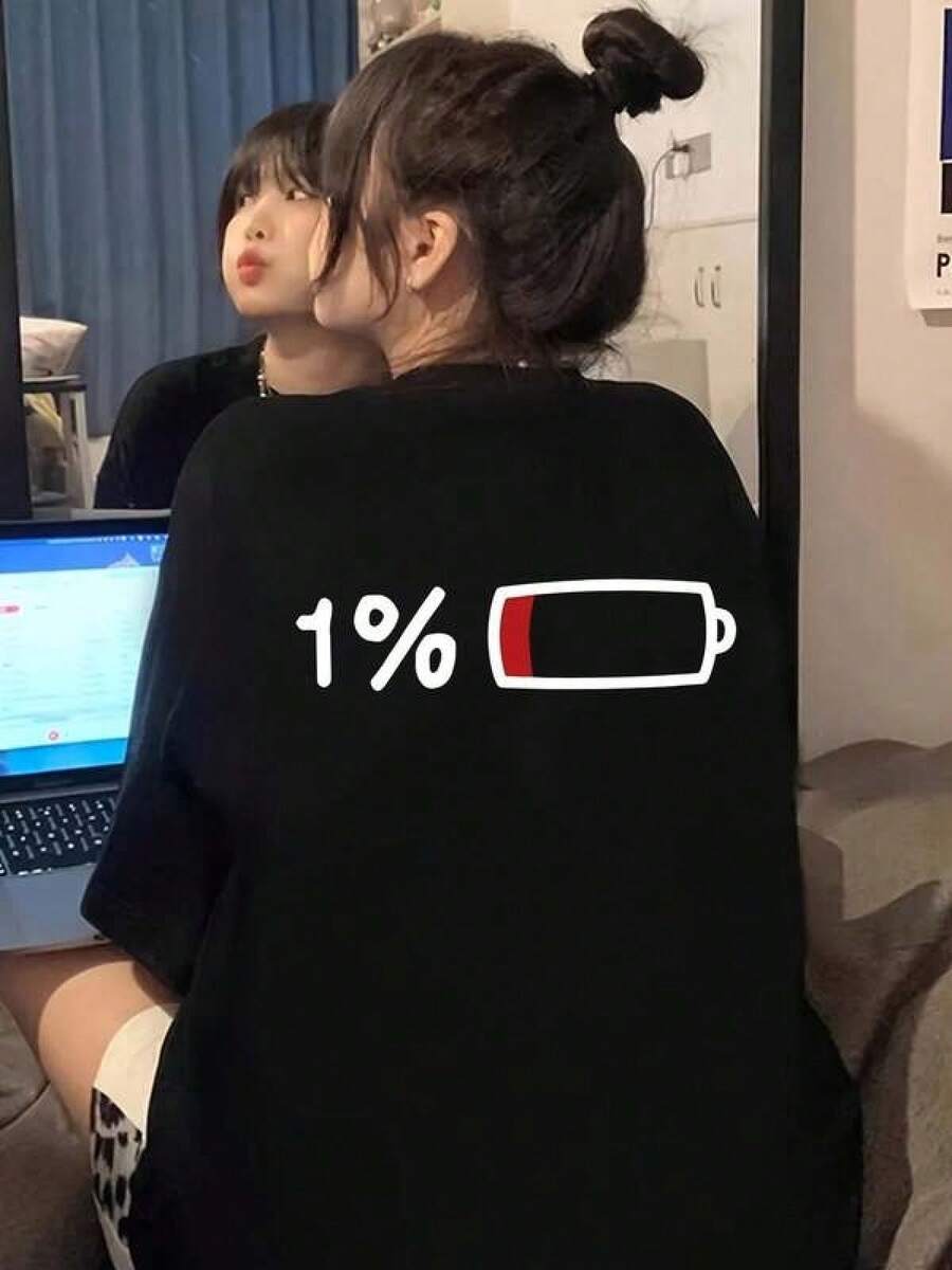 100% Algodón Premium 180g .¡Oferta Especial!Playera.Camiseta divertida con diseño de batería baja de algodón cómodo para mujer con estilo casual y moderno, perfecta para el día a día con opción en negro, categoría de moda femenina,  en ropa casual.Camiseta Streetwear Unisex Ideal para Conciertos y Regalo - Negro - Ver 1