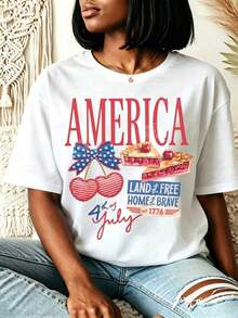 250th Anniversary Commemorative Shirt Of The United States,America Land Free Home Brave 4th July Comfortable Crew Neck Short-Sleeve Casual T-Shirt,Machine Washable. 100% Cotton,Half 500th Anniversary Celebration Gift,American History Commemorative T-Shirt, Suitable For 250th Anniversary Celebration,Daily Outfits For Men And Womenplayeras De Mujer - 黑色 - 查看 7