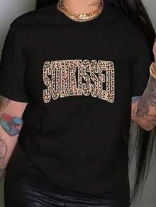 Camiseta unisex de manga corta, para mujer Sunny Leopardo Imprimir Camiseta - Corto Manga Tripulación Cuello Informal Blusa Superior con Leopardo Gráfico Opaco No transparente Verano Primavera Informal Vestimenta Máquina Lavable Adecuado para Verano & Primavera Playeras de ropa hombre, , ,  mujer,romwe hombres, boho chic,maestras regalos,camiseta para conjuntos de mujer con curvas para mu,y2k, - Negro - Ver 1