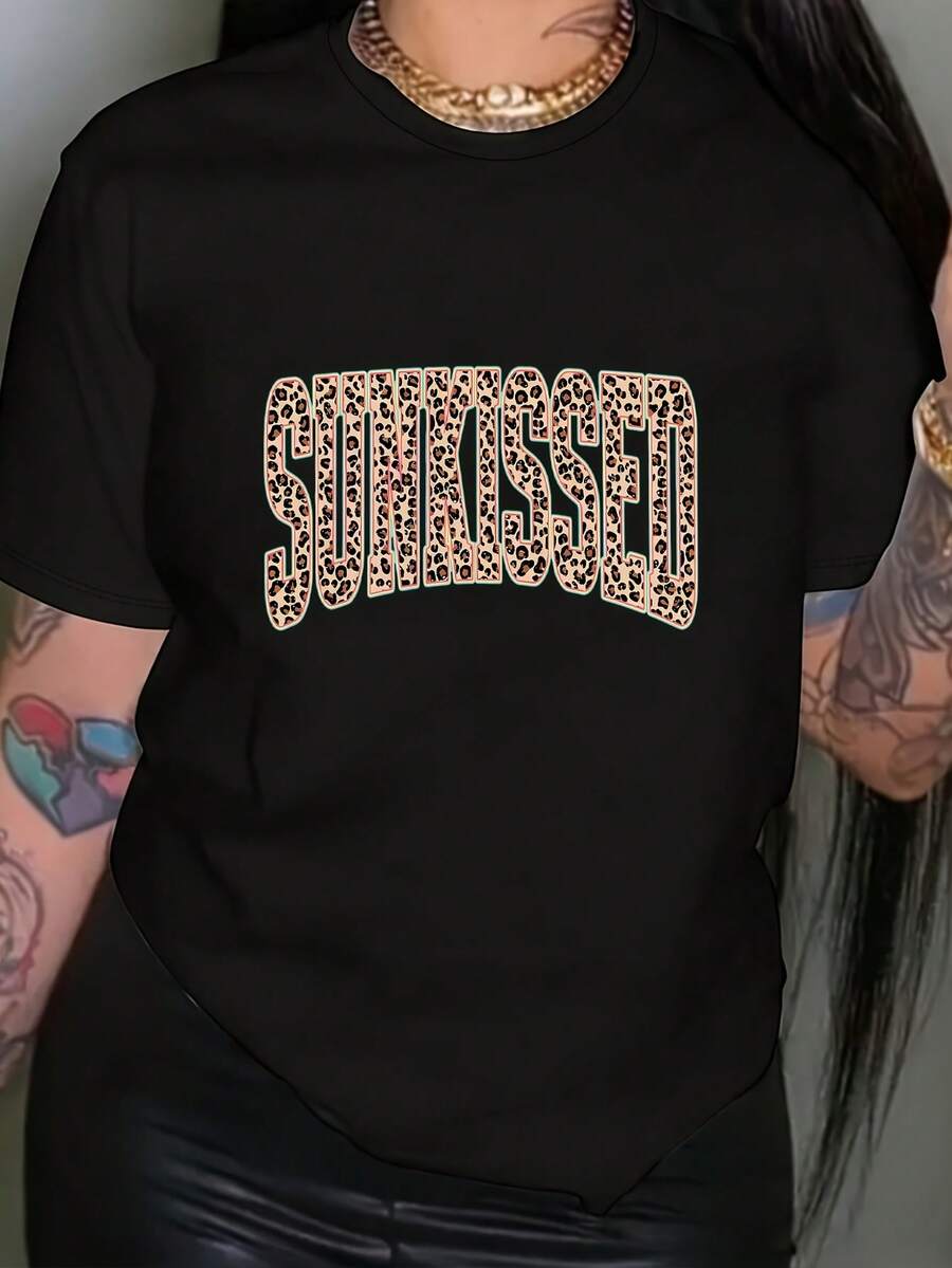 Camiseta unisex de manga corta, para mujer Sunny Leopardo Imprimir Camiseta - Corto Manga Tripulación Cuello Informal Blusa Superior con Leopardo Gráfico Opaco No transparente Verano Primavera Informal Vestimenta Máquina Lavable Adecuado para Verano & Primavera Playeras de ropa hombre, , ,  mujer,romwe hombres, boho chic,maestras regalos,camiseta para conjuntos de mujer con curvas para mu,y2k, - Negro - Ver 1