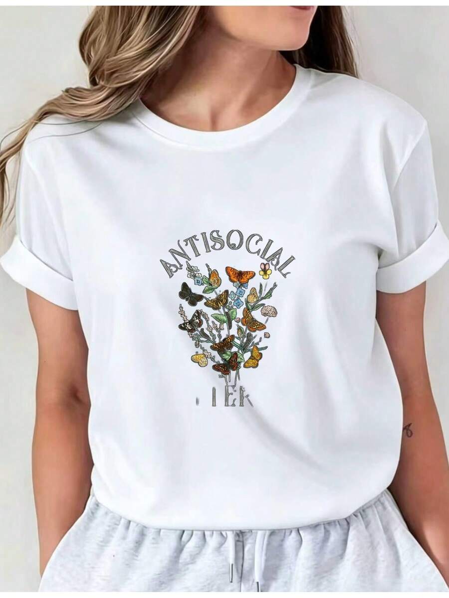 Women's Printed T-Shirt - Casual Short Sleeve Crew Neck T-Shirt With Floral Design. Relaxed Fit For All Seasons, Perfect For Everyday Wear And Holiday Outfits (Machine Washable) With Light Skin Women's Floral Print T-Shirt And Sandal Trousers. - 白色 - 查看 1