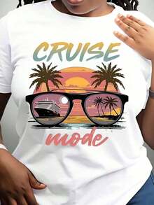 T-Shirt With Cruise Ship Design, Tropical Sunset And Sunglasses For Holidays, Travel And Summer Getaways, 220g - Unisex Vintage Urban Style, Loose Cotton Short Sleeve T-Shirt With Round Neck, 100% Cotton - 白色 - 查看 3
