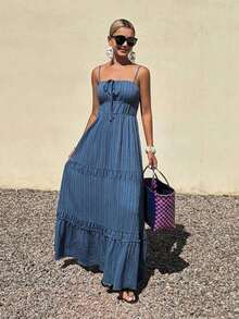 Vestido midi con tirantes, volantes en la cintura y lazo para mujer, vestido de verano para vacaciones - Azul - Ver 5