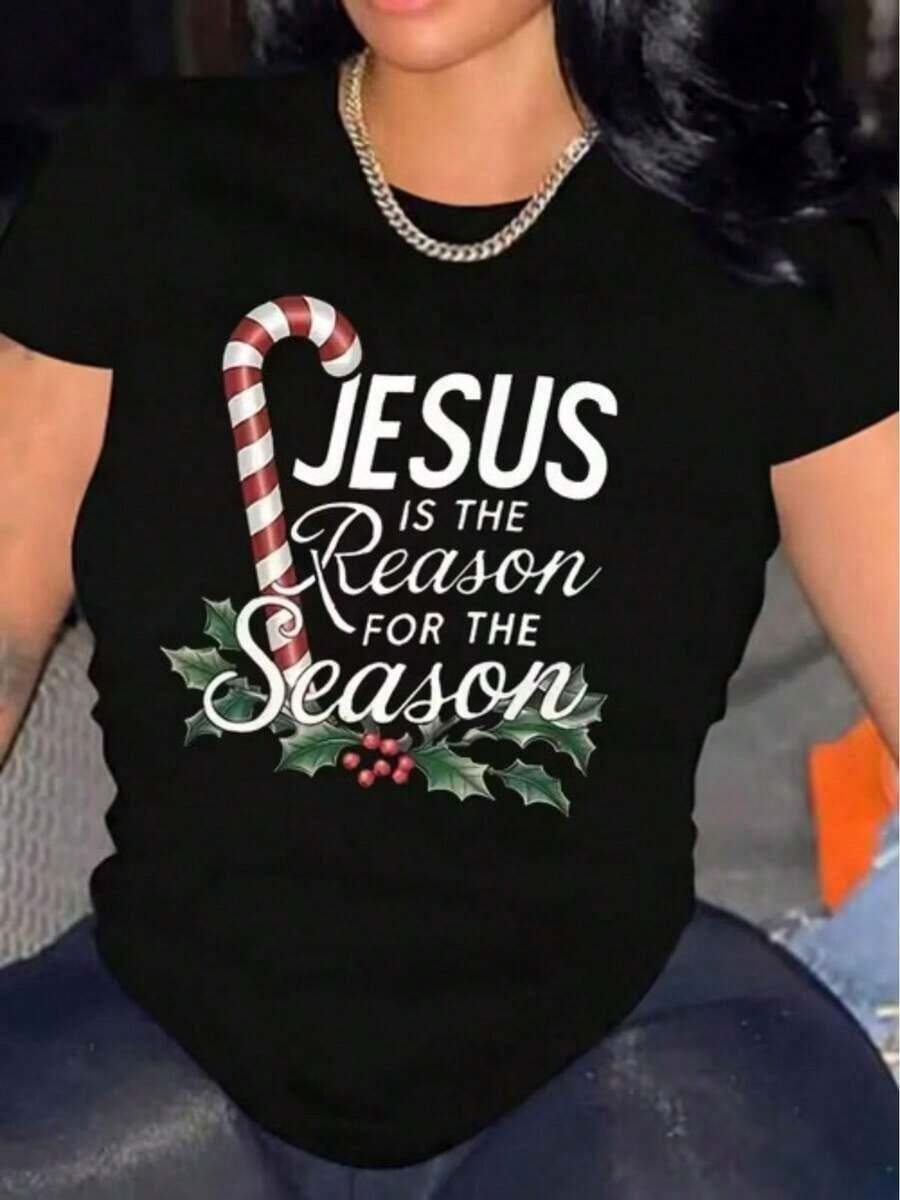Ropa de mujer a la moda, estampada con "Jesús es la razón de esta temporada", con motivos de bastones de caramelo y flores de acebo, camiseta casual de manga corta estampada, ropa casual deportiva de uso diario para mujer. - Negro - Ver 1