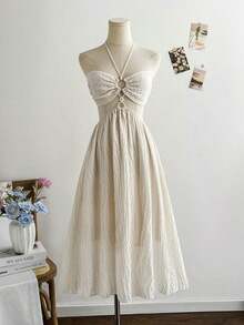 Vestido de verano informal de unicolor con cuello de halter y espalda descubierta - Negro - Ver 4
