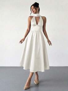 High-Waisted Midi Dress With A V-Neck And Open Back, In A Vintage French Polka Dot Style, Suitable For Valentine's Day, Concerts, Performances, Dates, Banquets, Weddings, Sexy, Elegant, Back To School, Vacation, Beach, Romantic - 白色 - 查看 12