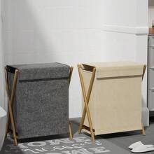 Solid Wood Frame Folding Laundry Basket, Japanese Nordic Style Fabric Laundry Bin, Portable Home Storage Basket, Suitable For Bathroom, Bedroom And Home - Beige - View 5
