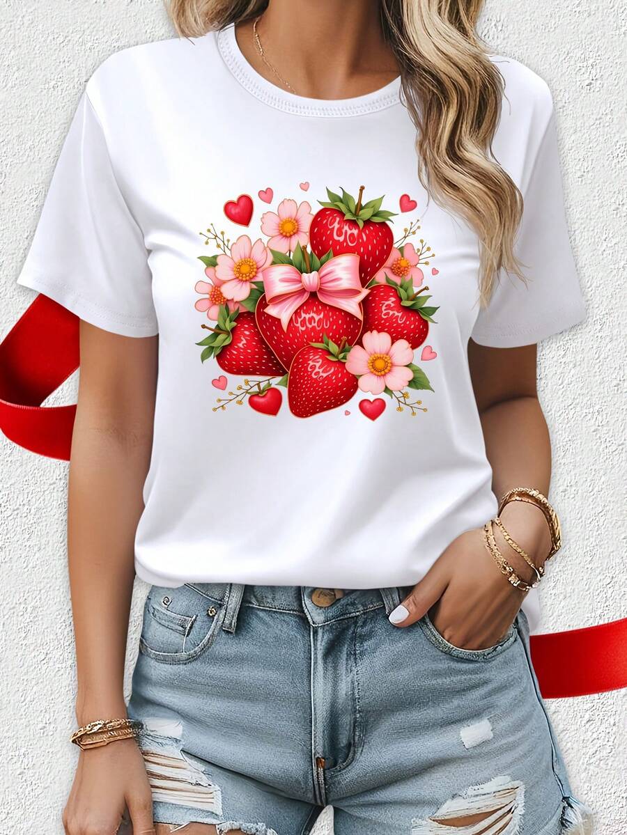 Camiseta de manga corta blanca estilo nuevo 3388#, esencial para el verano, viajes, citas, regalo, vacaciones, playa, fresas y flores para mujer