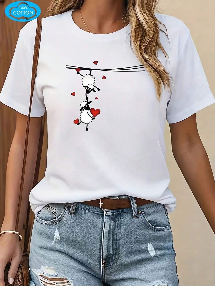 Camiseta 100 % de manga corta para mujer, estampado de corazón de cordero, adecuada para uso diario casual en todas las estaciones, diseño de cuello redondo acanalado, pura para un uso cómodo, transpirable y absorbente del sudor, top casual Y de manga corta para mujer