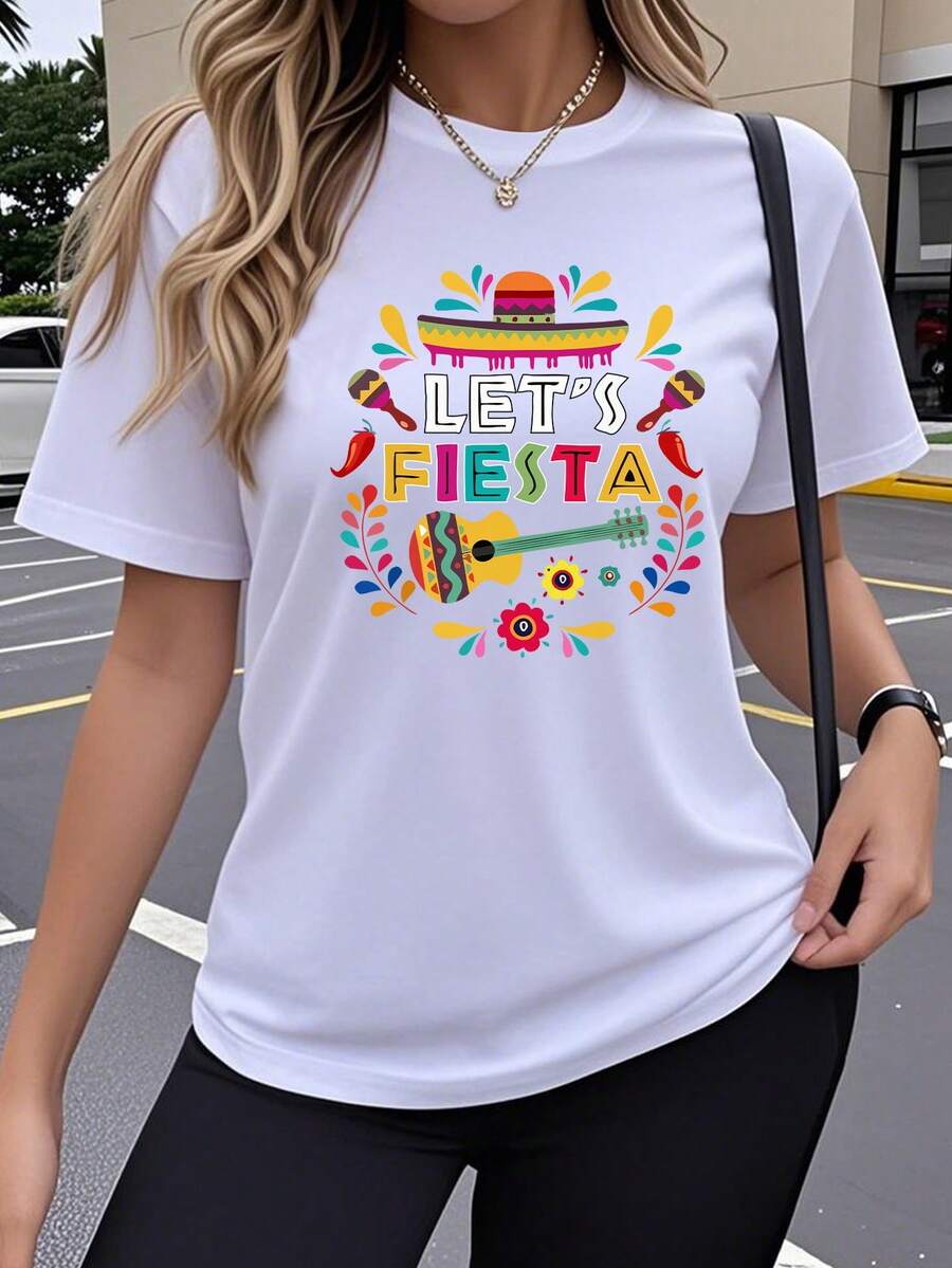 Camiseta de Manga Corta para Mujer, Moda Minimalista Y2K con Cuello Redondo, Ropa Casual para Fitness y Entrenamiento, Camiseta de Manga Corta Tipo Pullover, Diseño Deportivo y Moderno con Estampado de Fiesta Mexicana