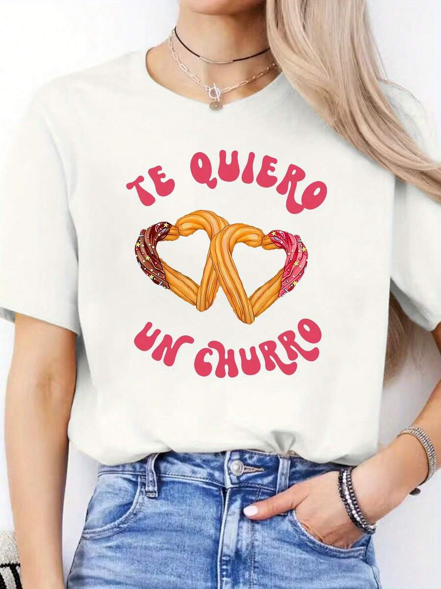 Blusa casual para mujer con estampado de letras en español, camiseta casual de primavera/verano, camiseta deportiva de manga corta con cuello redondo, tops de algodón para mujer. - Blanco - Ver 1