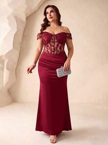 Đầm đuôi cá ren hở vai, đầm dạ hội đính cườm và lưới ở eo, đầm maxi dự tiệc sang trọng, đầm cocktail tôn dáng, đầm cúp ngực gợi cảm. - Màu Đỏ Sâu - Xem 3