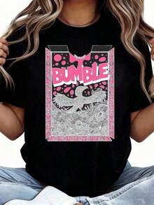 Women's Summer Clothes: Stylish Short-Sleeve Blouse With 'BUNGLE' Graffiti Print And Vibrant Abstract Patterns In Pink And Black, Comfortable And Soft Fabric, Fun Design, Perfect As A Gift For Her. Women's Summer Clothes: Stylish Short-Sleeve Blouse, Loose Fit, Comfortable And Breathable For Everyday Wear. Breathable And Comfortable. - 黑色 5 - 查看 2