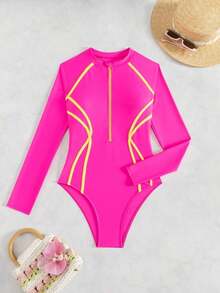 Bañador una pieza unido en contraste con cremallera delantera - Rosa Fucsia - Ver 7