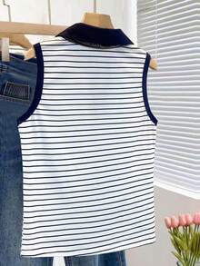 Blusa sin mangas con estampado de denim, blusa casual minimalista para mujer - Multicolor - Ver 2