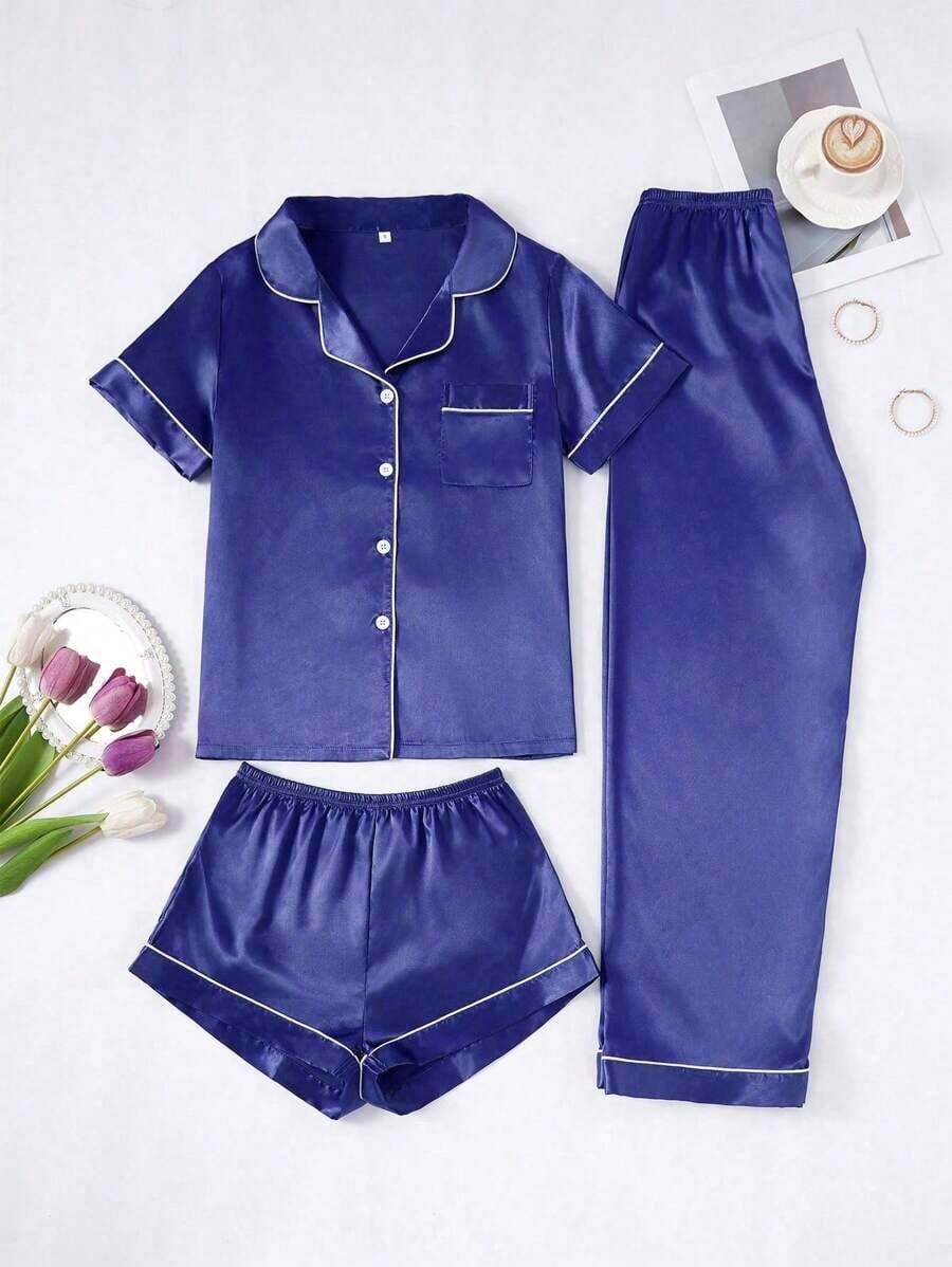 Conjunto de pijama de 3 piezas para mujer con cuello de seda falsa de unicolor y ribete contrastante - Azul - Ver 1