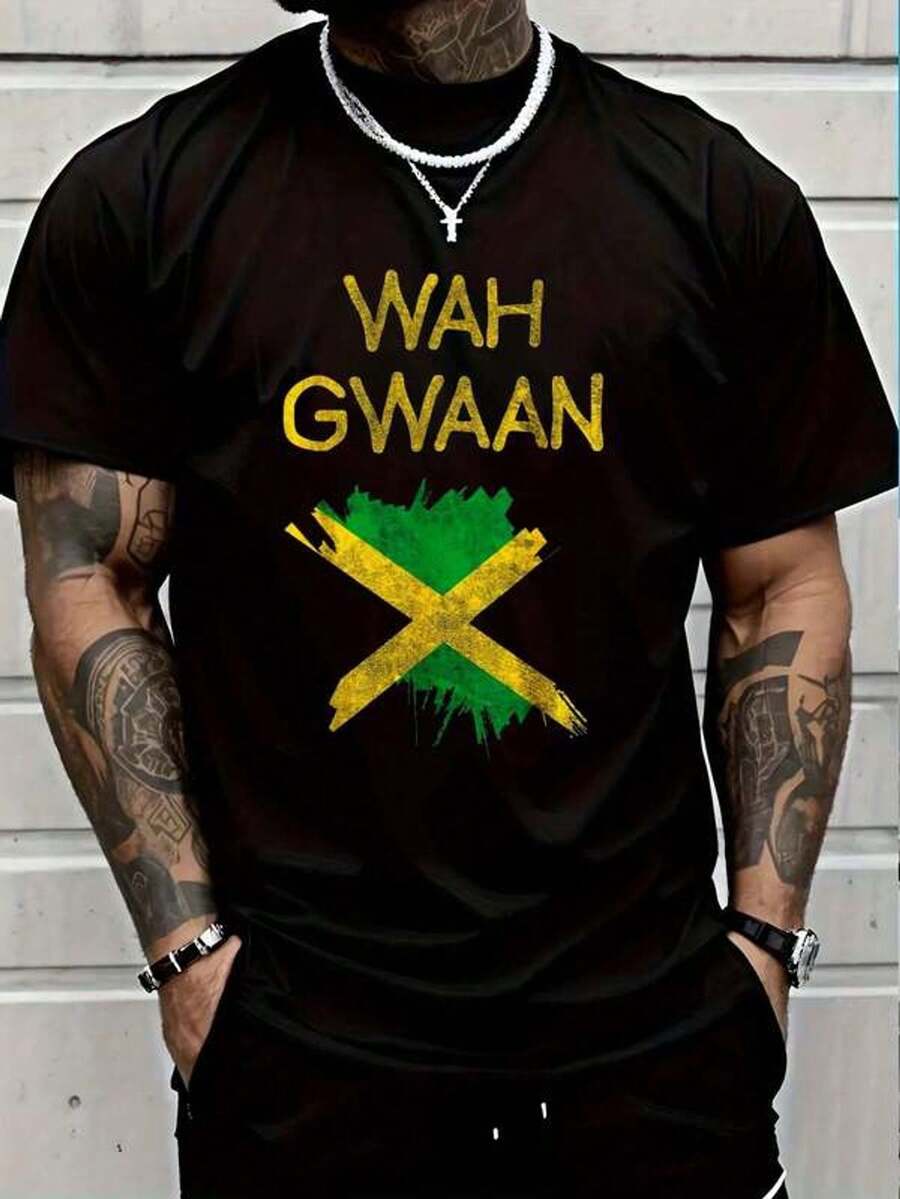 Camiseta 100% Algodón Wah Gwaan con Bandera de Jamaica, Orgullo Jamaicano, Reggae, Vacaciones, Camiseta Gráfica para Hombre y Mujer - Negro - Ver 1
