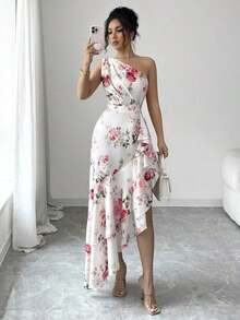 Vestido de mujer con estampado teñido borroso de un solo hombro con diseño de volante de dobladillo irregular, vestido de primavera/verano, vestido con diseño de dobladillo irregular, elegante y de moda, adecuado para uso diario, bodas, banquete - Rosa - Ver 7