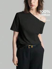 2026SS Nueva Blusa de Mujer de unicolor con Hombros Descubiertos, Uso Casual Diario, Camiseta de Manga Corta Holgada, Blusas de Verano para Mujer, Casual de Negocios, Vacaciones, Playa, Fiesta de Cumpleaños, Atuendo de Maestra, Regreso a Clases - Negro - Ver 1