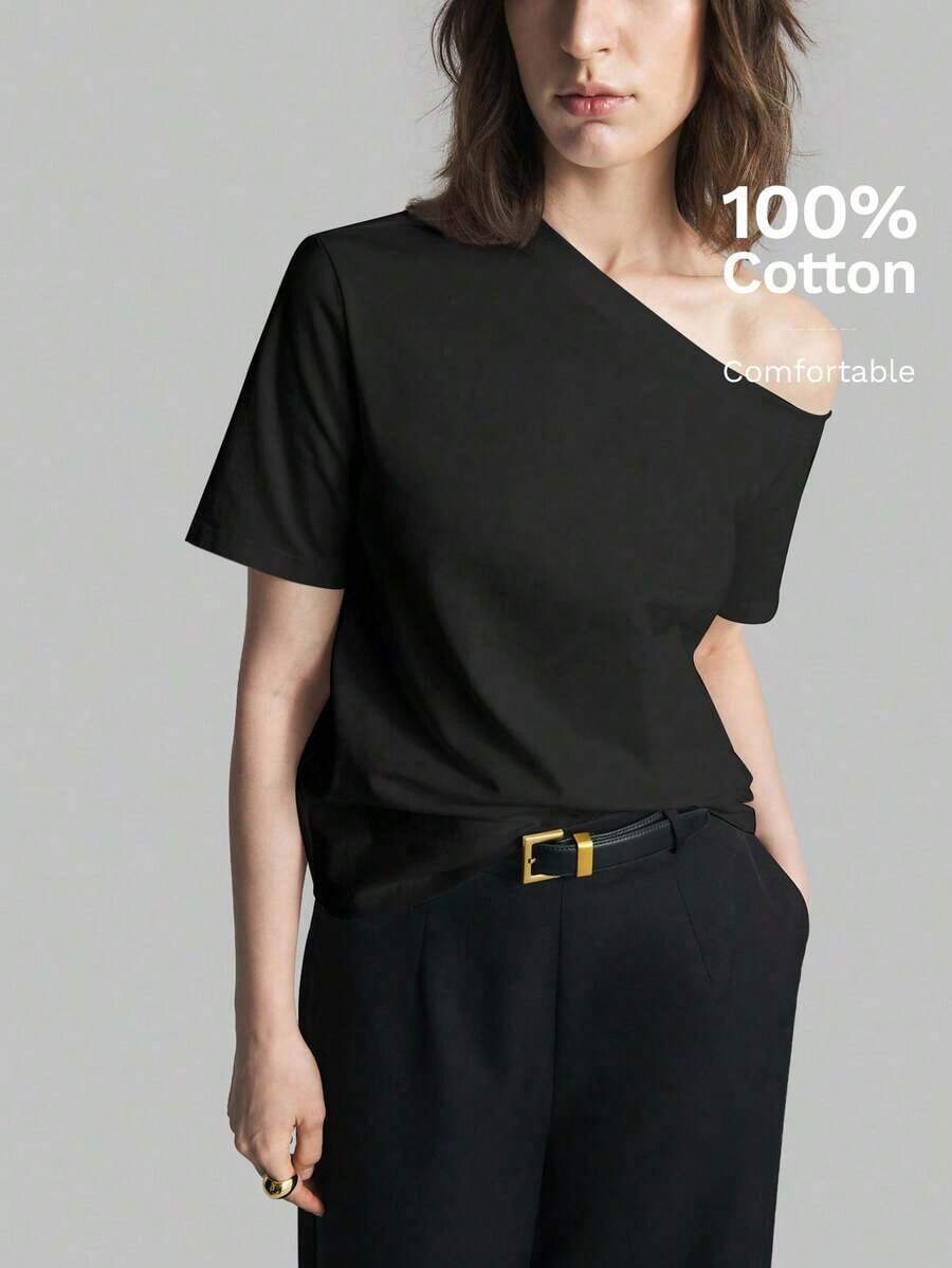 2026SS Nueva Blusa de Mujer de unicolor con Hombros Descubiertos, Uso Casual Diario, Camiseta de Manga Corta Holgada, Blusas de Verano para Mujer, Casual de Negocios, Vacaciones, Playa, Fiesta de Cumpleaños, Atuendo de Maestra, Regreso a Clases - Negro - Ver 1