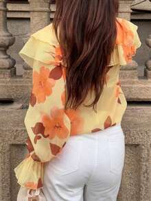 Camisa casual con botones, con volantes, estampado floral diminuto y decoración de perlas, ideal para primavera y vacaciones - Naranja - Ver 7