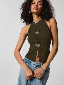 Top de tirantes de corte regular y unicolor sin mangas y escote trasero para mujer - Verde militar - Ver 4