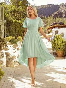 Vestido de dama de honor de gasa con pliegues y mangas con volantes, vestido de noche elegante para invitados de boda en primavera - verde menta - Ver 10