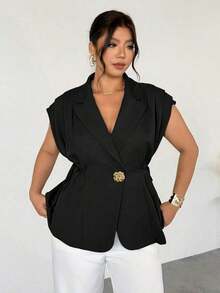 de traje delgada de botón de metal casual y elegante a juego para mujer talla grande, de lino marrón/Chaqueta de traje de imitación de lino/Blusa con lazo plisado/Ropa casual de negocios para mujer/Ropa de maestra/Ropa retro para mujer/Co - Negro - Ver 8