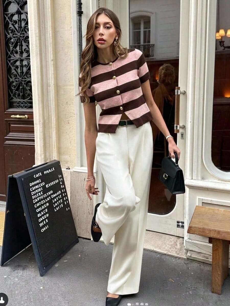 Blusa de punto de manga corta con botones y rayas de contraste para mujer - Multicolor 2 - Ver 1