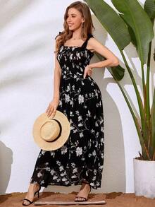 Vestido maxi con estampado floral, hombros con lazo y escote fruncido de gasa para mujer - Negro - Ver 3