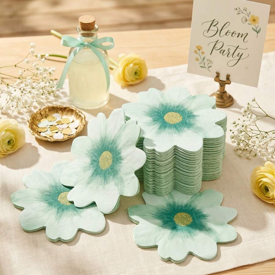 20 piezas/40 piezas/60 piezas Servilletas de papel desechables con forma de margarita verde, servilletas de cóctel de 2 capas de 6.5"X6.5", servilletas florales de girasol acuarela, servilletas decorativas de jardín bohemio de primavera, adecuadas para cumpleaños, baby shower, fiesta de té, suministros de mesa - verde - Ver 1
