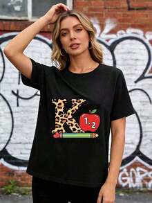 Nuevas camisetas casuales de verano para mujer, camisetas gráficas con estampado de leopardo y diseño "K", adecuadas para la guardería de 1-2 temporadas, diseño de lápiz Apple, ideales para educadores, excelente opción de regalo, adecuadas para eventos de equipo de empresa, reuniones familiares y camisetas de moda para mujer, 100% algodón, ropa de primavera, ropa de talla grande para mujer - Camiseta unisex de algodón holgada de manga corta y cuello redondo, estilo vintage urbano. - Negro - Ver 6