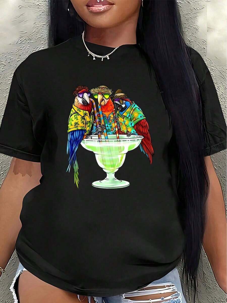 Camiseta de manga corta de algodón puro 2026, decorada con coloridos patrones de plumas de cola de loro y gallo, ligera y duradera, adecuada para uso casual en casa o en restaurantes, cómoda y bien ajustada para el uso diario. - Negro - Ver 1